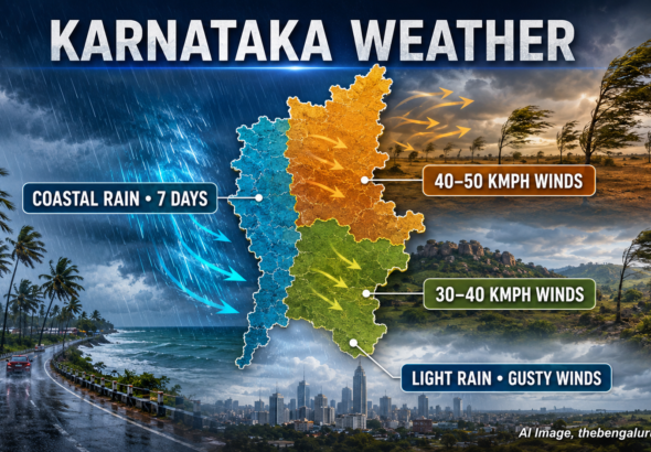 ಕರ್ನಾಟಕ ಹವಾಮಾನ: ಕರಾವಳಿಯಲ್ಲಿ ವಾರವಿಡೀ ಮಳೆ, ಉತ್ತರ ಒಳನಾಡಿನಲ್ಲಿ ಗಂಟೆಗೆ 40–50 ಕಿ.ಮೀ. ಗಾಳಿ