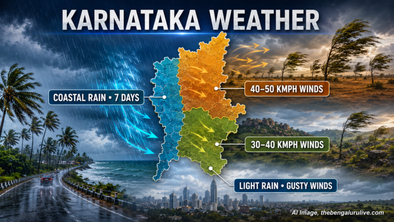 ಕರ್ನಾಟಕ ಹವಾಮಾನ: ಕರಾವಳಿಯಲ್ಲಿ ವಾರವಿಡೀ ಮಳೆ, ಉತ್ತರ ಒಳನಾಡಿನಲ್ಲಿ ಗಂಟೆಗೆ 40–50 ಕಿ.ಮೀ. ಗಾಳಿ