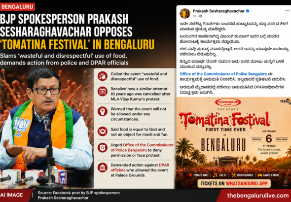 ಬೆಂಗಳೂರಿನ ‘ಟೊಮಾಟಿನಾ ಫೆಸ್ಟಿವಲ್’ಗೆ ಬಿಜೆಪಿ ವಕ್ತಾರ ಪ್ರಕಾಶ್ ಶೇಷರಾಘವಾಚಾರ್ ವಿರೋಧ; ಅನುಮತಿ ನಿರಾಕರಿಸಲು ಪೊಲೀಸರಿಗೆ ಆಗ್ರಹ