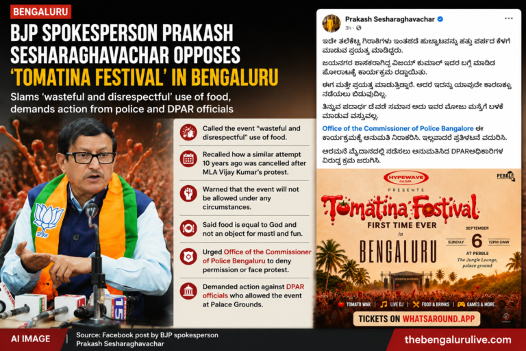ಬೆಂಗಳೂರಿನ ‘ಟೊಮಾಟಿನಾ ಫೆಸ್ಟಿವಲ್’ಗೆ ಬಿಜೆಪಿ ವಕ್ತಾರ ಪ್ರಕಾಶ್ ಶೇಷರಾಘವಾಚಾರ್ ವಿರೋಧ; ಅನುಮತಿ ನಿರಾಕರಿಸಲು ಪೊಲೀಸರಿಗೆ ಆಗ್ರಹ
