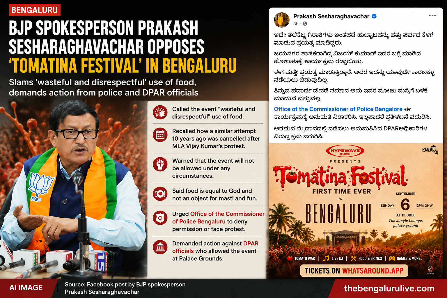 ಬೆಂಗಳೂರಿನ ‘ಟೊಮಾಟಿನಾ ಫೆಸ್ಟಿವಲ್’ಗೆ ಬಿಜೆಪಿ ವಕ್ತಾರ ಪ್ರಕಾಶ್ ಶೇಷರಾಘವಾಚಾರ್ ವಿರೋಧ; ಅನುಮತಿ ನಿರಾಕರಿಸಲು ಪೊಲೀಸರಿಗೆ ಆಗ್ರಹ