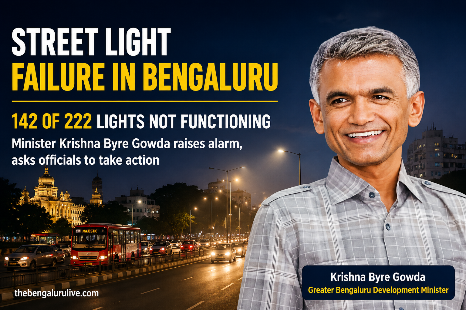 ಬೆಂಗಳೂರು ಬೀದಿದೀಪ ವೈಫಲ್ಯ: ಹಡ್ಸನ್ ಸರ್ಕಲ್–ಚಾಲುಕ್ಯ ಸರ್ಕಲ್ ಮಾರ್ಗದಲ್ಲಿ ಶೇ.63 ಕಂಬಗಳ ದೀಪ ಬಂದ್; ಕ್ರಮಕ್ಕೆ ಕೃಷ್ಣ ಬೈರೇಗೌಡ ಸೂಚನೆ