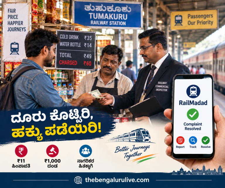 ₹11 ಹೆಚ್ಚುವರಿ ವಸೂಲಿ ತುಮಕೂರು ರೈಲು ನಿಲ್ದಾಣದ ವ್ಯಾಪಾರಿಗೆ ₹1,000 ದಂಡ ತಂದಿತು; RailMadad ದೂರು ಬಳಿಕ ಪ್ರಯಾಣಿಕನಿಗೆ ಮರುಪಾವತಿ