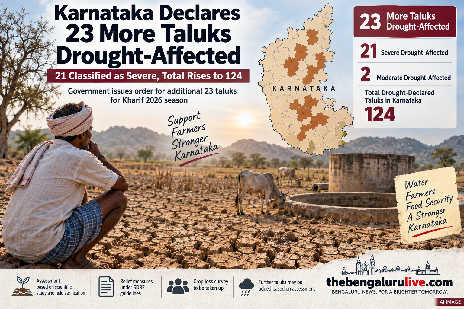 ಕರ್ನಾಟಕದಲ್ಲಿ ಇನ್ನೂ 23 ತಾಲೂಕುಗಳು ಬರಪೀಡಿತ ಎಂದು ಘೋಷಣೆ; 21 ತೀವ್ರ ಬರಪೀಡಿತ, ಒಟ್ಟು ಸಂಖ್ಯೆ 124ಕ್ಕೆ ಏರಿಕೆ