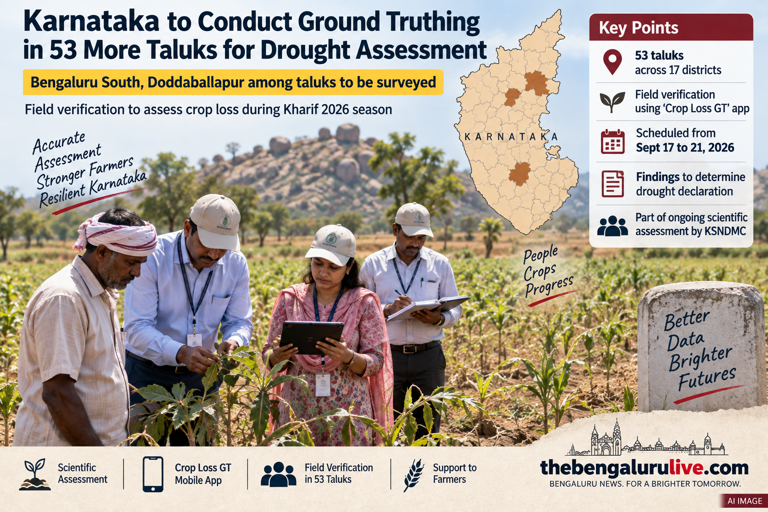 ಬರ ಮೌಲ್ಯಮಾಪನಕ್ಕೆ ಕರ್ನಾಟಕದ ಇನ್ನೂ 53 ತಾಲೂಕುಗಳಲ್ಲಿ ಗ್ರೌಂಡ್ ಟ್ರೂಥಿಂಗ್‌ಗೆ ಆದೇಶ; ಬೆಂಗಳೂರು ದಕ್ಷಿಣ, ದೊಡ್ಡಬಳ್ಳಾಪುರವೂ ಪಟ್ಟಿಯಲ್ಲಿ