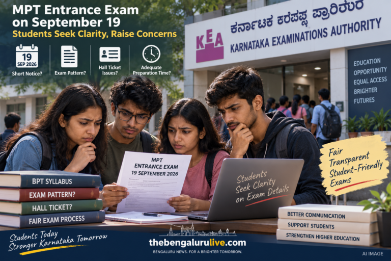 ಸೆಪ್ಟೆಂಬರ್ 19ರ KEA MPT ಪ್ರವೇಶ ಪರೀಕ್ಷೆಗೆ ಕಡಿಮೆ ಅವಧಿಯ ಸೂಚನೆ; ಹಾಲ್ ಟಿಕೆಟ್, ಪರೀಕ್ಷಾ ವಿವರಗಳ ಕೊರತೆ ಕುರಿತು ವಿದ್ಯಾರ್ಥಿಗಳ ಆಕ್ಷೇಪ