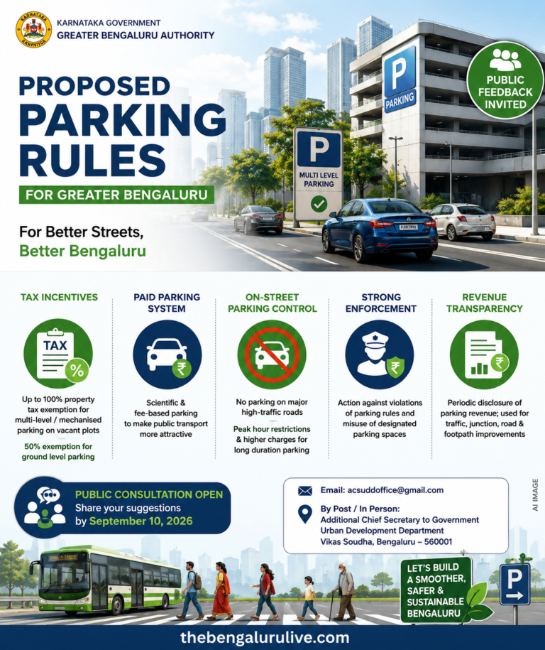 ಗ್ರೇಟರ್ ಬೆಂಗಳೂರು ಪ್ರದೇಶಕ್ಕೆ ಶುಲ್ಕ ಆಧಾರಿತ ಪಾರ್ಕಿಂಗ್ ನಿಯಮ ಪ್ರಸ್ತಾವನೆ; ಆಫ್-ಸ್ಟ್ರೀಟ್ ಪಾರ್ಕಿಂಗ್‌ಗೆ ತೆರಿಗೆ ಪ್ರೋತ್ಸಾಹ, ಸೆಪ್ಟೆಂಬರ್ 10ರವರೆಗೆ ಸಾರ್ವಜನಿಕ ಸಲಹೆಗೆ ಅವಕಾಶ