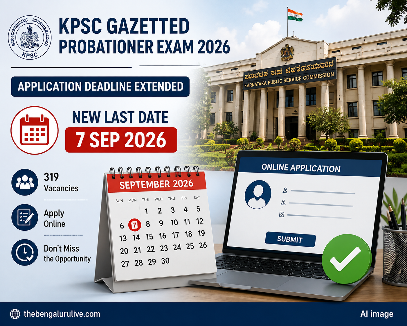 319 ಗ್ರೂಪ್ ‘ಎ’, ‘ಬಿ’ ಗೆಜೆಟೆಡ್ ಪ್ರೊಬೇಷನರ್ ಹುದ್ದೆಗಳಿಗೆ ಅರ್ಜಿ ಸಲ್ಲಿಕೆ ಅವಧಿ ಸೆಪ್ಟೆಂಬರ್ 7ರವರೆಗೆ ವಿಸ್ತರಿಸಿದ ಕೆಪಿಎಸ್‌ಸಿ