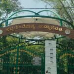 ಹಸಿರು ಗೇಟ್ ಮತ್ತು ಮರಗಳಿಂದ ಆವೃತ ಉದ್ಯಾನವನದ ಪ್ರವೇಶದ್ವಾರ.