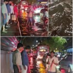 ಗರುಡಾಚಾರ್ ಪಾಳ್ಯದ ಕುಂದಲಹಳ್ಳಿ ಕಾಲೋನಿಯಲ್ಲಿ ನೀರು ನಿಂತ ರಸ್ತೆಯ ವಾಹನಗಳ ಪಕ್ಕದಲ್ಲಿ ಚರಂಡಿ ತೆರವು ಮಾಡುತ್ತಿರುವ ಸಿಬ್ಬಂದಿ