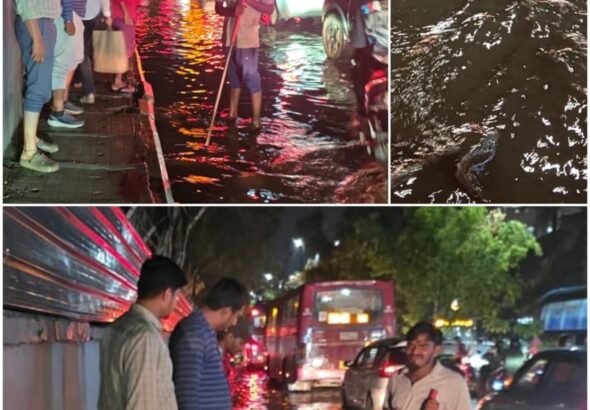 ಗರುಡಾಚಾರ್ ಪಾಳ್ಯದ ಕುಂದಲಹಳ್ಳಿ ಕಾಲೋನಿಯಲ್ಲಿ ನೀರು ನಿಂತ ರಸ್ತೆಯ ವಾಹನಗಳ ಪಕ್ಕದಲ್ಲಿ ಚರಂಡಿ ತೆರವು ಮಾಡುತ್ತಿರುವ ಸಿಬ್ಬಂದಿ