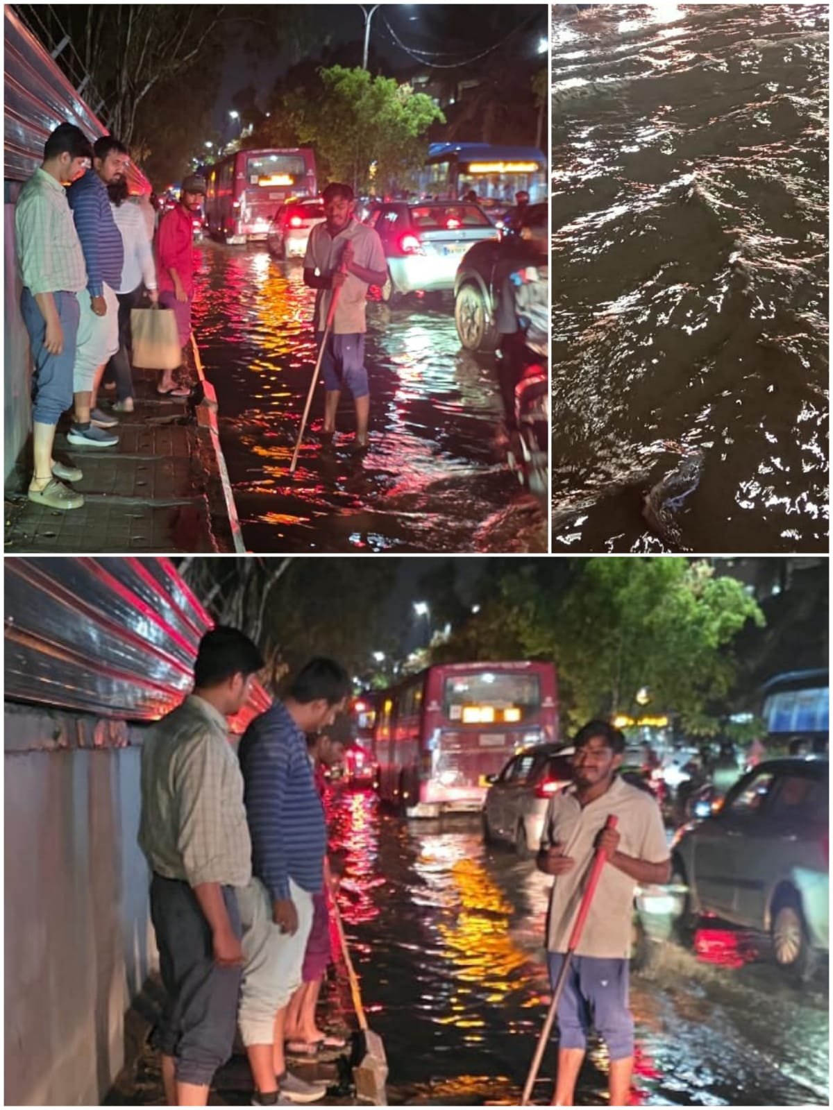 ಗರುಡಾಚಾರ್ ಪಾಳ್ಯದ ಕುಂದಲಹಳ್ಳಿ ಕಾಲೋನಿಯಲ್ಲಿ ನೀರು ನಿಂತ ರಸ್ತೆಯ ವಾಹನಗಳ ಪಕ್ಕದಲ್ಲಿ ಚರಂಡಿ ತೆರವು ಮಾಡುತ್ತಿರುವ ಸಿಬ್ಬಂದಿ