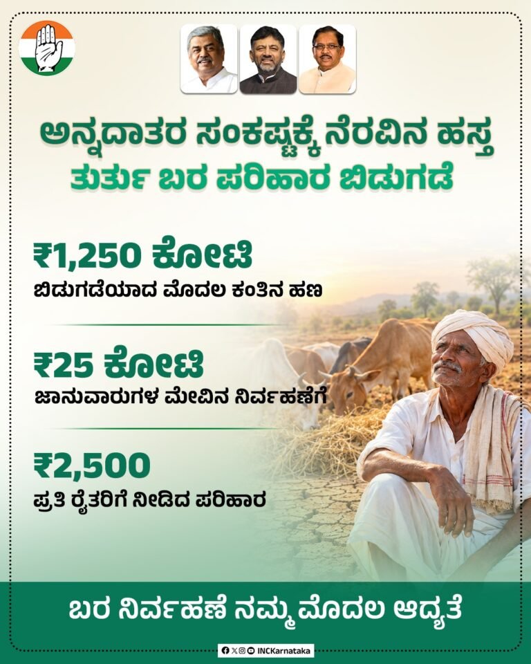 ₹1,250 ಕೋಟಿ ಬರ ಪರಿಹಾರ ಬಿಡುಗಡೆ ಎಂದ ಕಾಂಗ್ರೆಸ್; ರೈತರಿಗೆ ₹50 ಸಾವಿರ ನೀಡಲು ಬಿಜೆಪಿ ಆಗ್ರಹ