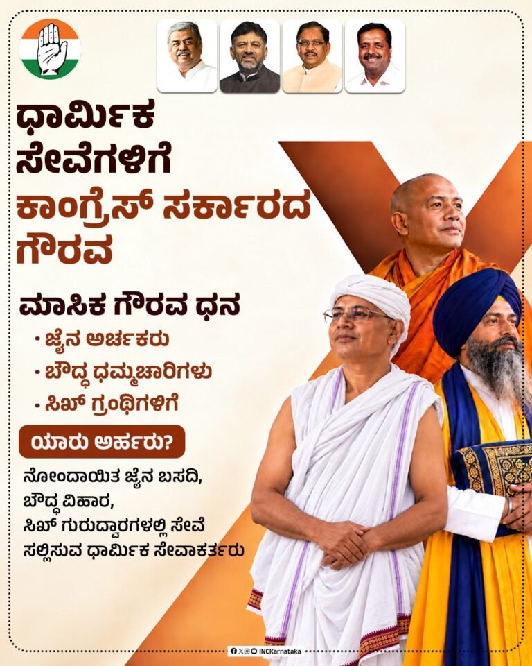 ನೋಂದಾಯಿತ ಅಲ್ಪಸಂಖ್ಯಾತ ಧಾರ್ಮಿಕ ಸೇವಕರಿಗೆ ಗೌರವಧನ: ಕರ್ನಾಟಕ ಕಾಂಗ್ರೆಸ್ ಮಾಹಿತಿ