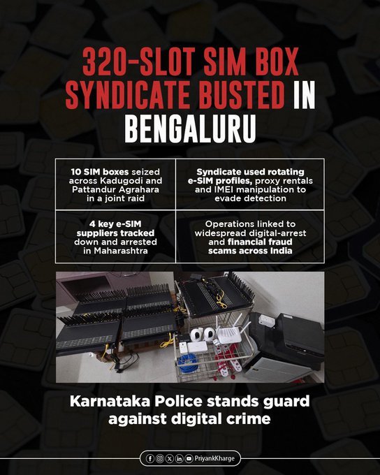 ಸಿಮ್-ಬಾಕ್ಸ್ ಕಾರ್ಯಾಚರಣೆ ಮತ್ತು ವಶಪಡಿಸಿಕೊಂಡ ಸಾಧನಗಳ ಕುರಿತು ಪ್ರಿಯಾಂಕ್ ಖರ್ಗೆ Xನಲ್ಲಿ ಹಂಚಿಕೊಂಡ ಗ್ರಾಫಿಕ್
