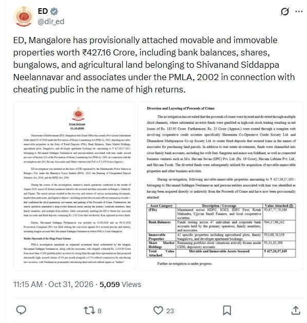 ಬೆಳಗಾವಿ ಹೂಡಿಕೆ ಪ್ರಕರಣದಲ್ಲಿ ತಾತ್ಕಾಲಿಕ ಆಸ್ತಿ ಜಪ್ತಿ ಕುರಿತು ಇಡಿಯ ಮೂಲ ಪೋಸ್ಟ್