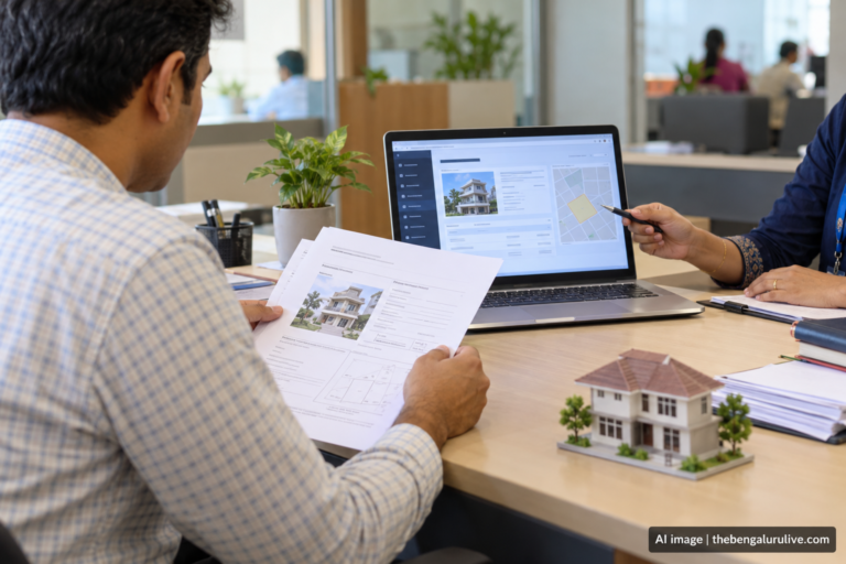 AI-generated illustration of a property owner reviewing e-Khata details at a service desk; not an actual mela.