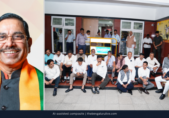 ಪ್ರಲ್ಹಾದ್ ಜೋಶಿ ಅವರ ಭಾವಚಿತ್ರ ಮತ್ತು ಸಿಇಒ ಕಚೇರಿಯಲ್ಲಿ ಶಿವಕುಮಾರ್ ನಡೆಸಿದ ಧರಣಿಯ ಸಂಯೋಜಿತ ಚಿತ್ರ