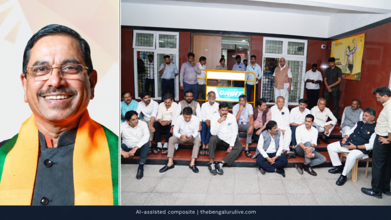 ಪ್ರಲ್ಹಾದ್ ಜೋಶಿ ಅವರ ಭಾವಚಿತ್ರ ಮತ್ತು ಸಿಇಒ ಕಚೇರಿಯಲ್ಲಿ ಶಿವಕುಮಾರ್ ನಡೆಸಿದ ಧರಣಿಯ ಸಂಯೋಜಿತ ಚಿತ್ರ