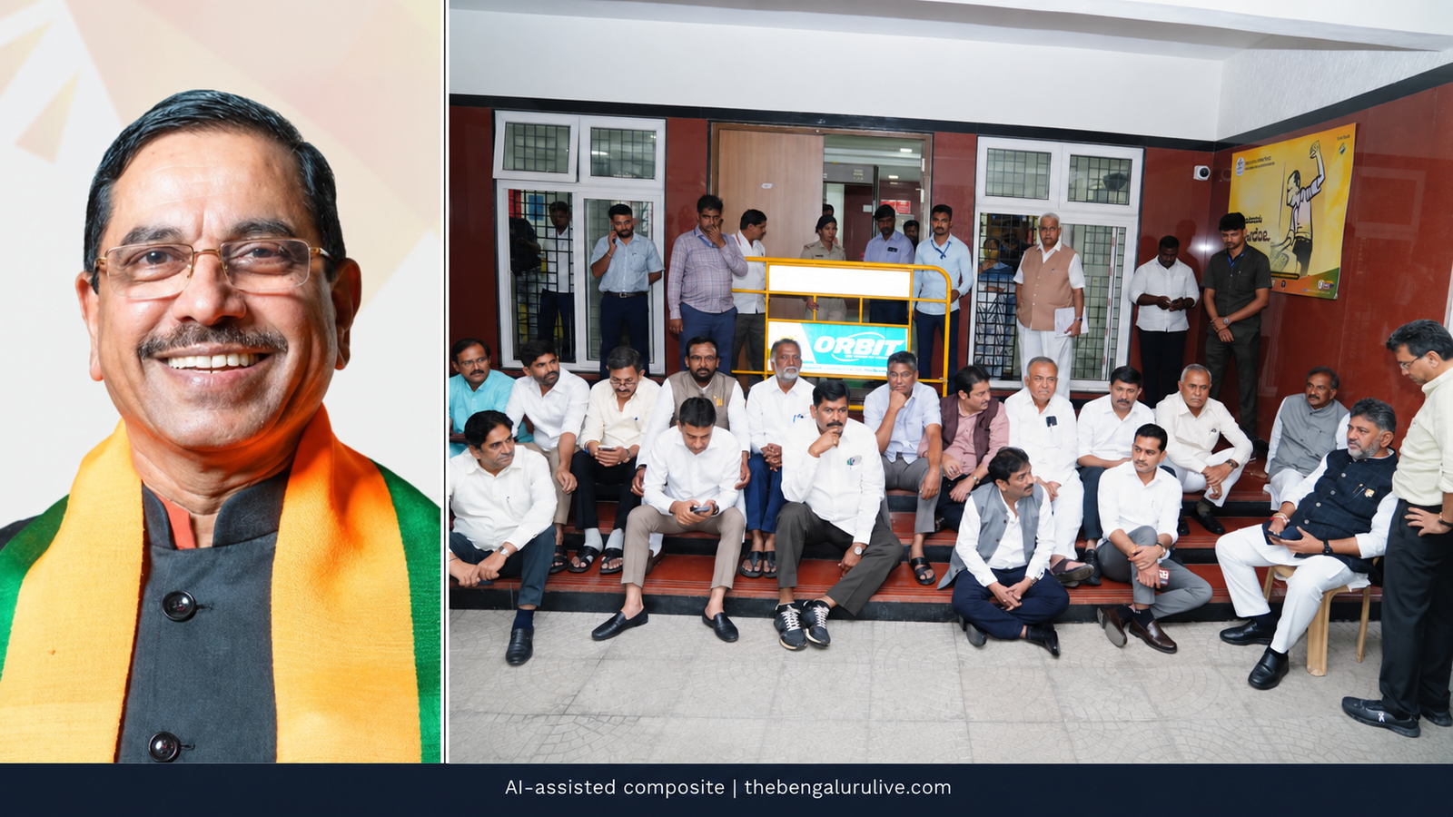 ಪ್ರಲ್ಹಾದ್ ಜೋಶಿ ಅವರ ಭಾವಚಿತ್ರ ಮತ್ತು ಸಿಇಒ ಕಚೇರಿಯಲ್ಲಿ ಶಿವಕುಮಾರ್ ನಡೆಸಿದ ಧರಣಿಯ ಸಂಯೋಜಿತ ಚಿತ್ರ