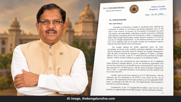 ಜಿ. ಪರಮೇಶ್ವರ ಮತ್ತು ಕರ್ನಾಟಕದ ಬರ ಪರಿಹಾರ ಕೋರಿ ಅಮಿತ್ ಶಾ ಅವರಿಗೆ ಬರೆದ ಪತ್ರದ AI ಸಂಯೋಜಿತ ಚಿತ್ರ