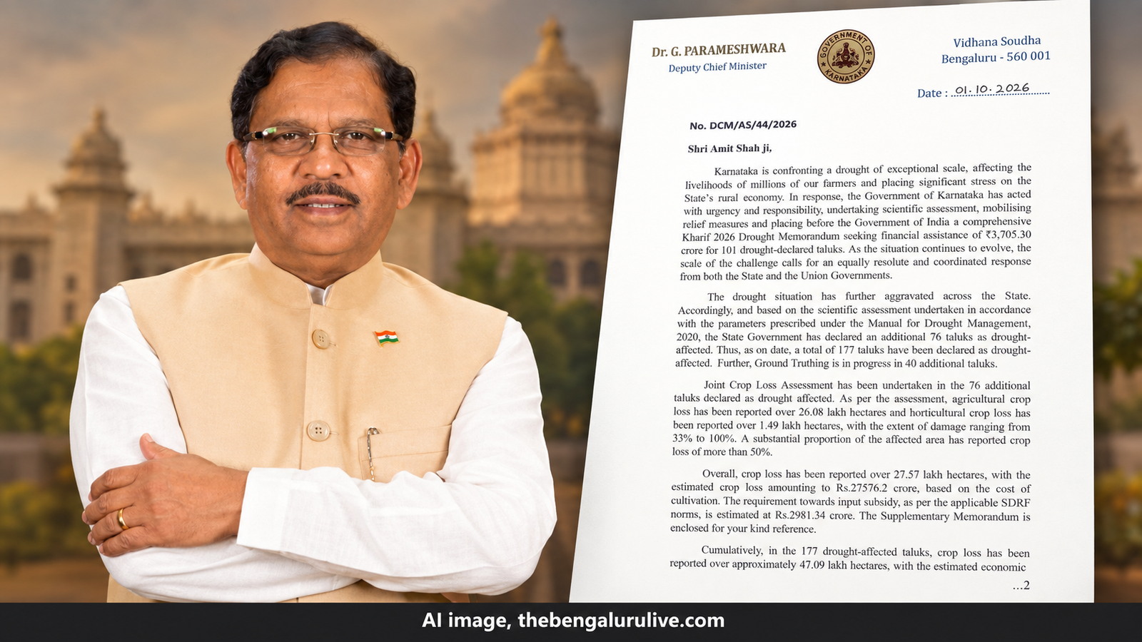 ಜಿ. ಪರಮೇಶ್ವರ ಮತ್ತು ಕರ್ನಾಟಕದ ಬರ ಪರಿಹಾರ ಕೋರಿ ಅಮಿತ್ ಶಾ ಅವರಿಗೆ ಬರೆದ ಪತ್ರದ AI ಸಂಯೋಜಿತ ಚಿತ್ರ