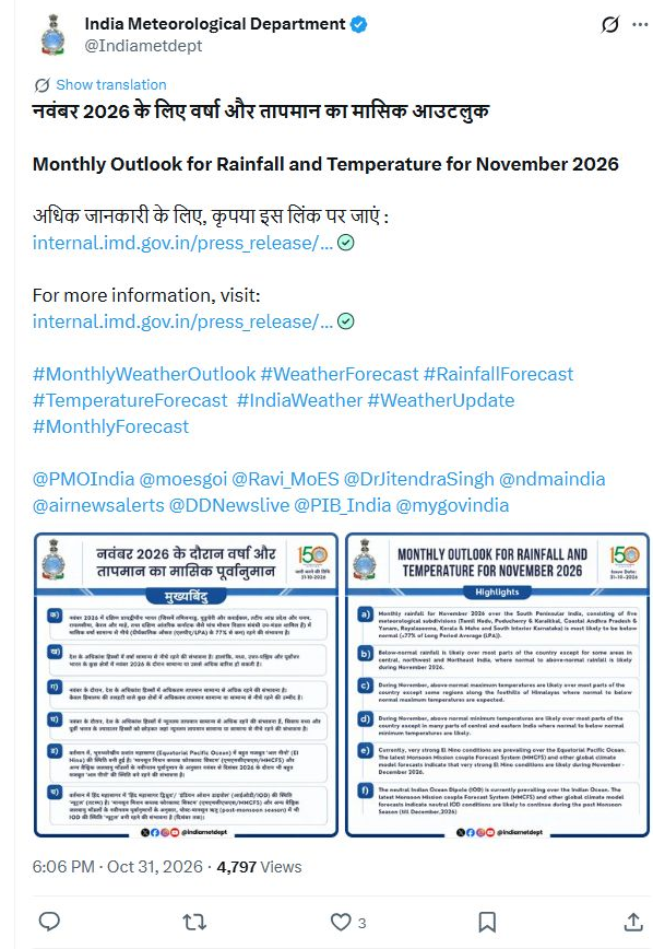 ನವೆಂಬರ್ ಮಳೆ: ದಕ್ಷಿಣ ದ್ವೀಪಕಲ್ಪ ಪ್ರದೇಶದಲ್ಲಿ ವಾಡಿಕೆಗಿಂತ ಕಡಿಮೆ ಸಾಧ್ಯತೆ 2 ನವೆಂಬರ್ ಮಾಸಿಕ ಮುನ್ಸೂಚನೆ ಕುರಿತು ಐಎಂಡಿಯ ಸಂಪೂರ್ಣ ಮೂಲ ಪೋಸ್ಟ್