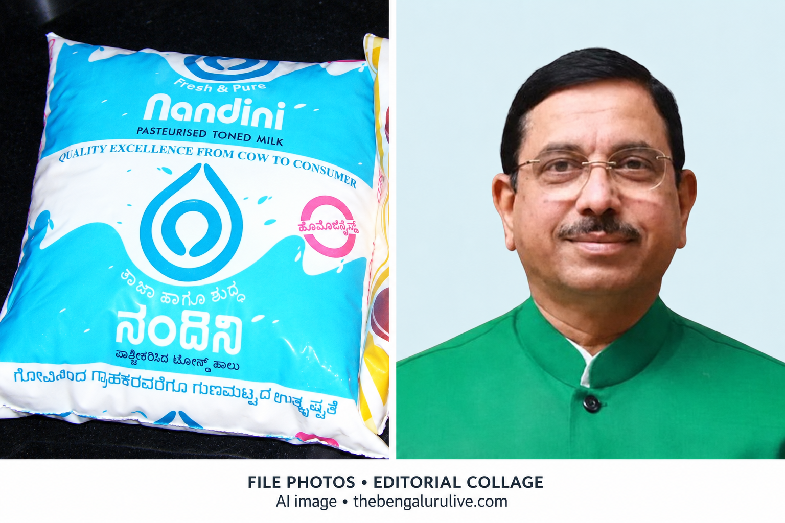 ನಂದಿನಿ ಟೋಂಡ್ ಹಾಲಿನ ಪ್ಯಾಕೆಟ್ ಮತ್ತು ಪ್ರಲ್ಹಾದ ಜೋಶಿ ಅವರ ಸಂಗ್ರಹ ಚಿತ್ರಗಳ AI ನೆರವಿನ ಕೊಲಾಜ್