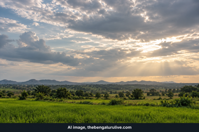 ಮೋಡ ಕವಿದ ಆಕಾಶ ಮತ್ತು ಗ್ರಾಮೀಣ ಭೂದೃಶ್ಯದ ಎಐ ನಿರ್ಮಿತ ಪ್ರಾತಿನಿಧಿಕ ಚಿತ್ರ.