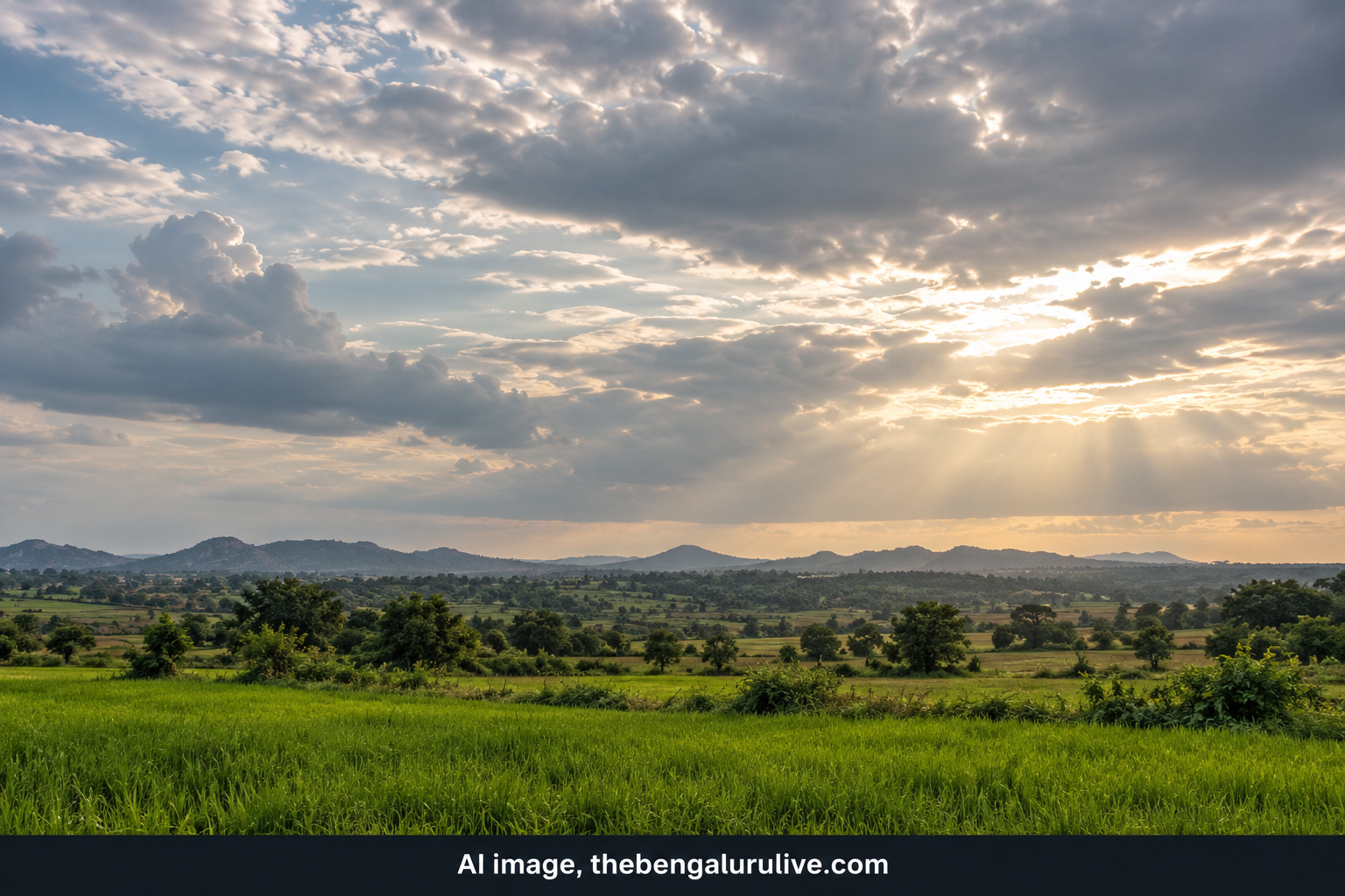 ಮೋಡ ಕವಿದ ಆಕಾಶ ಮತ್ತು ಗ್ರಾಮೀಣ ಭೂದೃಶ್ಯದ ಎಐ ನಿರ್ಮಿತ ಪ್ರಾತಿನಿಧಿಕ ಚಿತ್ರ.