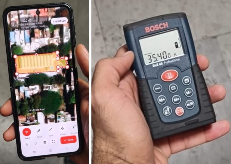 ಆಸ್ತಿ ನಕ್ಷೆ ತೋರಿಸುವ ಮೊಬೈಲ್ ಪರದೆ ಮತ್ತು ಕೈಯಲ್ಲಿ ಹಿಡಿದಿರುವ ಲೇಸರ್ ದೂರ ಮಾಪಕದ ಸಂಯೋಜಿತ ಚಿತ್ರ