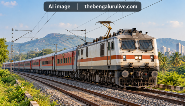 AI-ರಚಿತ ಪ್ರಾತಿನಿಧಿಕ ಪ್ರಯಾಣಿಕ ರೈಲು; ಚಿತ್ರದೊಳಗೆ AI image thebengalurulive.com ಗುರುತು ಇದೆ