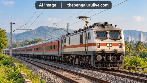 AI-ರಚಿತ ಪ್ರಾತಿನಿಧಿಕ ಪ್ರಯಾಣಿಕ ರೈಲು; ಚಿತ್ರದೊಳಗೆ AI image thebengalurulive.com ಗುರುತು ಇದೆ