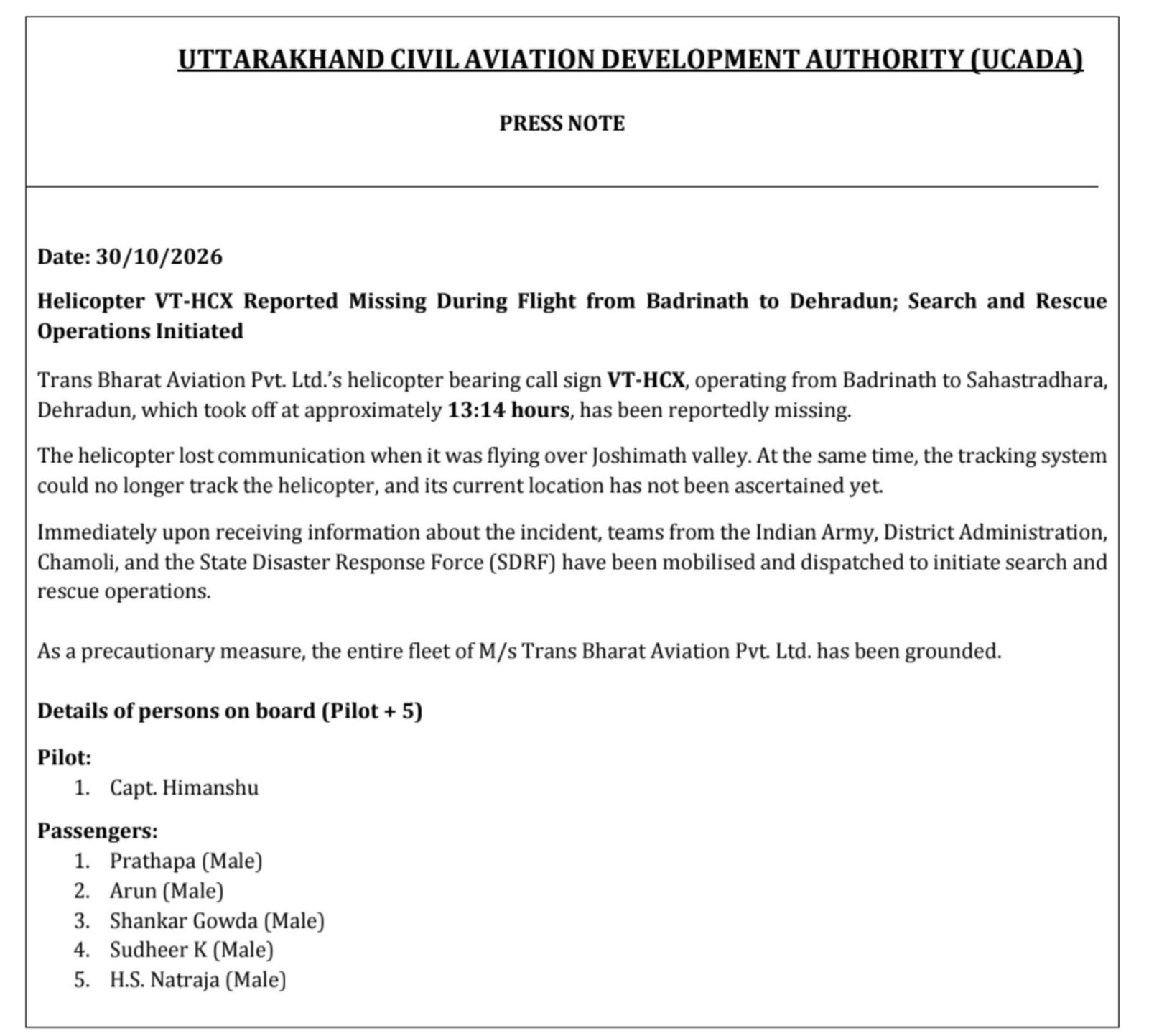 VT-HCX ಹೆಲಿಕಾಪ್ಟರ್ ಹಾರಾಟದ ಕುರಿತು UCADA ಪತ್ರಿಕಾ ಪ್ರಕಟಣೆ