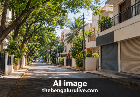 ಮನೆಗಳು ಮತ್ತು ಮುಚ್ಚಿದ ಅಂಗಡಿ ಶಟರ್‌ಗಳಿರುವ ವಸತಿ ರಸ್ತೆಯ AI ನಿರ್ಮಿತ ಪ್ರಾತಿನಿಧಿಕ ಚಿತ್ರ; ನಿಜವಾದ ಯಲಹಂಕ ಸಂಸ್ಥೆಗಳ ಚಿತ್ರವಲ್ಲ